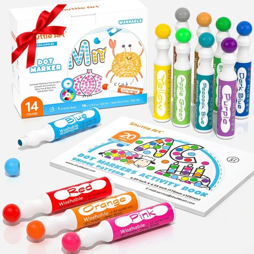 Shuttle Art Dot Markers, 14 Colors Bingo Daubers with 20 Unique Patterns of Dot Book for Toddler Art Activities, Non-Toxic Washable Coloring Markers for Preschool Kids Learning