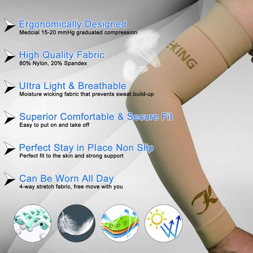 KEKING® Lymphedema Compression Arm Sleeves for Men Women (Pair), No Silicone Dot, 15-20 mmHg Compression Full Arm Support for Lipedema, Edema, Post Surgery Recovery, Swelling, Pain Relief, Beige M