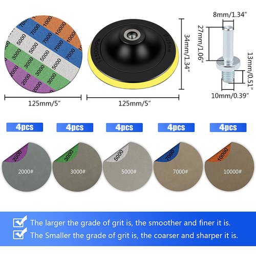 Water Grit Sandpaper 2000/3000/5000/7000/10000 and 5-inch Backing Pad Set, Wet Dry Electric Hook &Loop Sanding Disc with Pad, Grinding Abrasive Paper and Orbital Sander Polisher