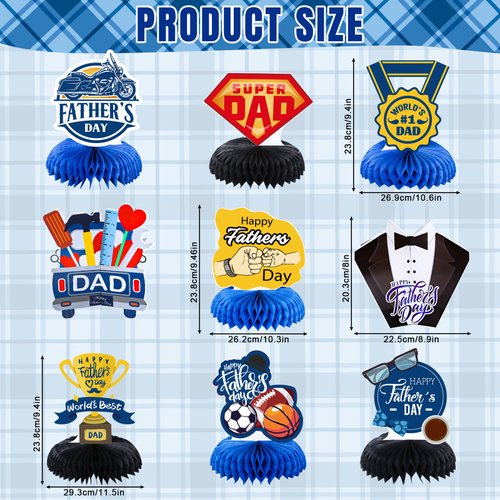 Whaline 9Pcs Happy Father's Day Honeycomb Centerpieces DAD Medal Trophy Suit Bow Tie Pattern Table Toppers Black Blue Honeycomb Table Decorations for Father's Day Grandfather Birthday Party Supplies