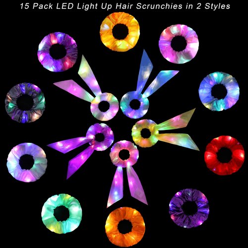 Hiwooii 15 Count LED Light Up Hair Scrunchies in 10 Colors with 5 Bow-Tie Glowing Hair Bands for Women Girls Hair Accessories, Chiffon Material, 3 Flashing Modes, Glow in the Dark Party Favors