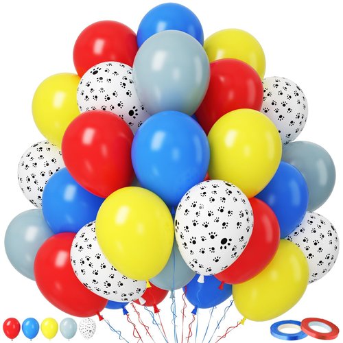 Paready Red Yellow Blue Balloons Set, 50Pcs Blue Yellow Balloons, 12 Inch Blue Yellow Red Dusty Blue Balloons Latex Paw Printed Balloons For Boys Paw Birthday Baby Shower Circus Theme Party Supplies