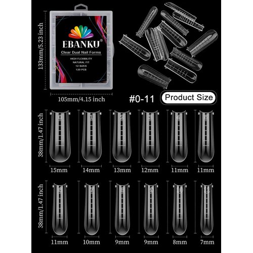 EBANKU Dual Nail Forms Set with 120 Piece Dual Nail Forms Poly gel Coffin Nail Mold, 1Pcs Pink Poly gel Dual-Ended Nails Brush, 5Pcs Pink Dual Form Nail Clips for Acrylic Nails Extension