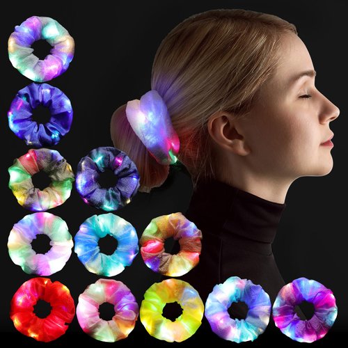 12PCS LED Scrunchies for Women, Led Light Up Hair Scrunchy for Girls with Luxury Jewelry Bag, Colorful Elastic Kapok Yarn Hair Band Multi Light Modes, Glow in the Dark Accessories for Neon Rave Party