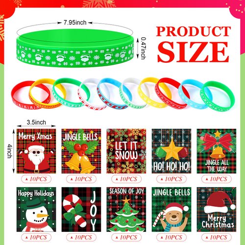 Equsion 100 Set Christmas Silicone Bracelets with Christmas Tags Xmas Rubber Wristbands for Kids Adult Christmas Party Favors Bracelets Silicone Wristband Christmas Birthday Decoration Gift Supplies