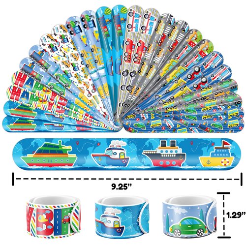 48 PCS Transportation Party Favors 24PCS Tattoos Stickers 24PCS Slap Bracelets Wristbands Perfect for Themed Birthday Baby Showers or Classroom Rewards Ideal Decor and Gifts for Girls and Boys
