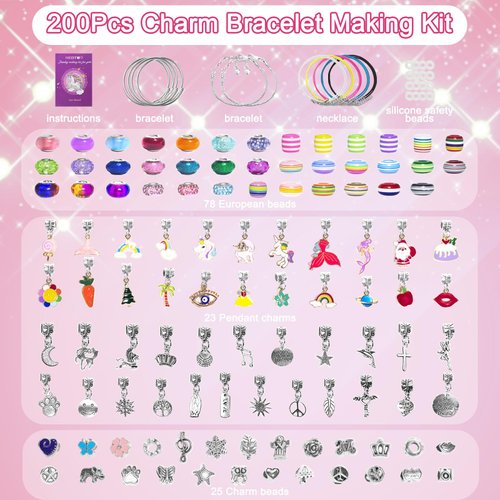 Redtwo 200 Pcs Charm Bracelet Making Kit, Friendship Jewelry Making Supplies Unicorn/Mermaid/Birthday Gifts Toys for Teen Girls Age 4 5 6 7 8 9 10 12 Year Old, Arts Crafts for Kids Ages 8-12