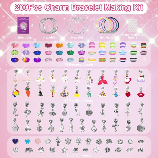 Redtwo 200 Pcs Charm Bracelet Making Kit, Friendship Jewelry Making Supplies Unicorn/Mermaid/Birthday Gifts Toys for Teen Girls Age 4 5 6 7 8 9 10 12 Year Old, Arts Crafts for Kids Ages 8-12