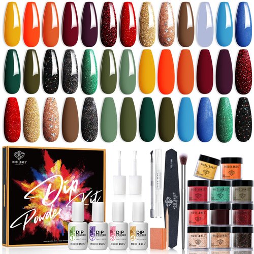 Modelones 32 Pcs Dip Powder Nail Kit Starter, 20 Colors Red Green Blue Brown Dipping Powder Liquid Set with Base/Top Coat Activator Brush Saver for Nail Art Beginner DIY Salon New Year Gift