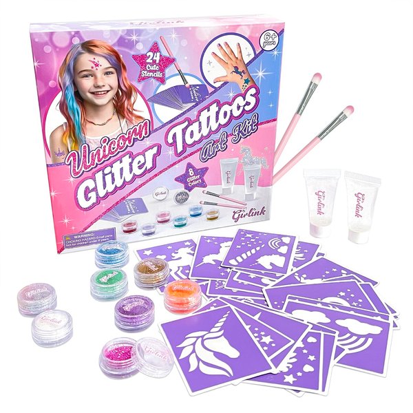 GIRLINK Glitter Tattoo Kit for Girls, Temporary Tattoo Girls: Kit of 36, Our Glitter Tattoo Kit Make Your Own Temporary Tattoos, Kids Tattoos Temporary for Girls, Perfect Gifts for Birthday Party.