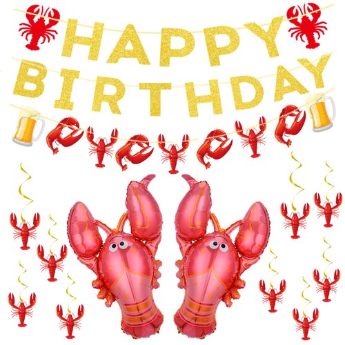 26Pcs Seafood Boil Party Decorations Glitter Crawfish Birthday Banner & Balloons & Hanging Swirls for Crawfish Boil Birthday Party Supplies