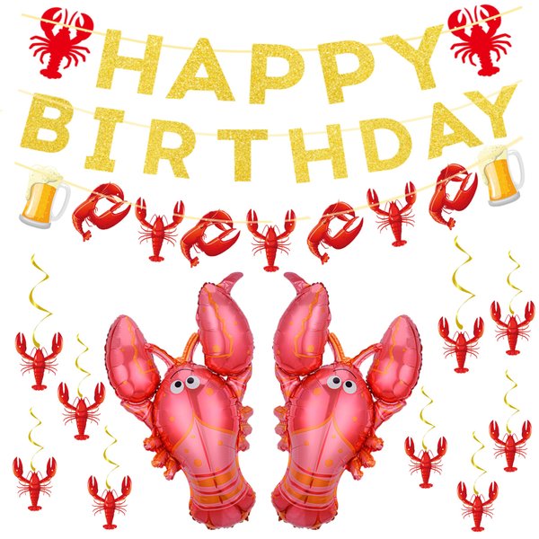 26Pcs Seafood Boil Party Decorations Glitter Crawfish Birthday Banner & Balloons & Hanging Swirls for Crawfish Boil Birthday Party Supplies