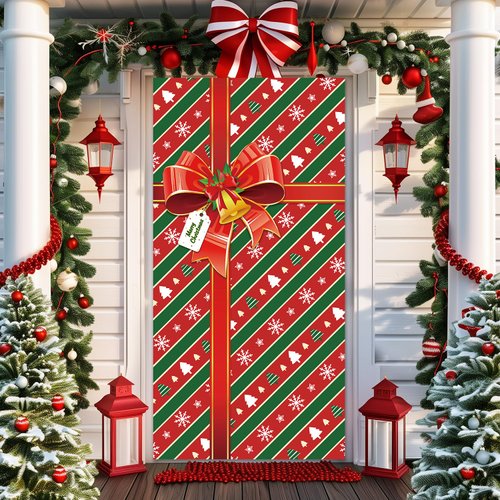 Christmas Door Cover Red Gift Box Christmas Door Cover Banner Merry Christmas Door Cover Photography Background for Winter Xmas Holiday Party Decor, 71 x 35 Inches