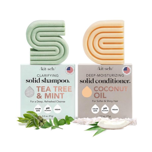 Kitsch Tea Tree Solid Shampoo & Coconut Oil Conditioner Bar, Shampoo and Conditioner Set for Clarifying Grease & Deep Moisturizing, Natural Organic, Paraben & Sulfate Free, Travel Size Hair Care,2pack