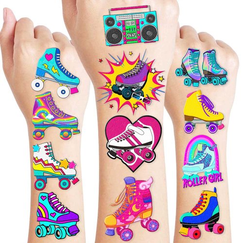 8 Sheets (96PCS) Roller Skate Temporary Tattoos 80s 90s Theme Birthday Party Decorations Supplies Favors Stickers for Kids Girls Boys Gifts Classroom School Prizes Rewards (Roller Skate 2)