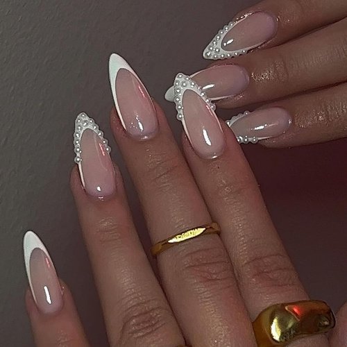 White French Tip Press on Nails Almond Press on Nails Medium Glue on Nails with Small Pearl Designs Stiletto Nails Pink Acrylic Full Cover Luxury Fake Nails Kits Stick on Nails for Women&Girls 24PCS