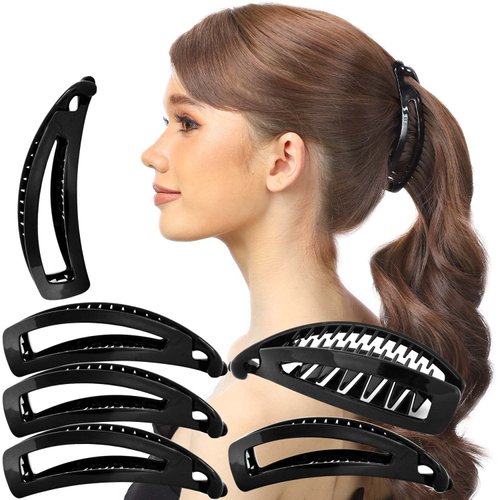 RC ROCHE ORNAMENT 6 Pcs Womens Chic Hollow Curved Banana Clip Ponytail Maker Hair Holder No Slip Grip Strong Comfort Claw Clasp Clincher Cute Fashion Accessory Beauty Clamp, Medium Black