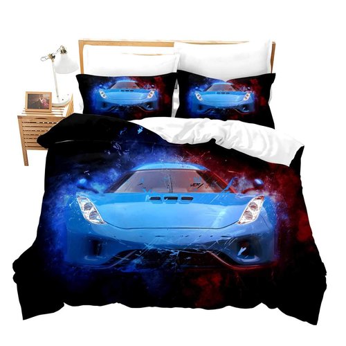 Race Car Bedding Set Full Size for Boys Kids Teens Men Speed Sports Car Decorative Extreme Sports Theme Comforter Cover with 2 Pillowcases Soft Microfiber Zipper Blue Automobile 3 Pcs Novely