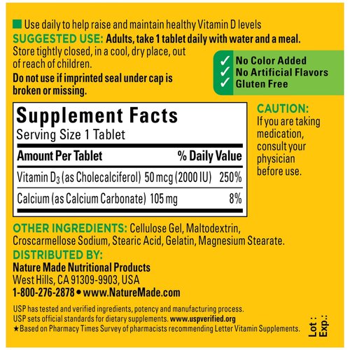 Vitamin D3, 100 Tablets, Vitamin D 2000 IU (50 mcg) Helps Support Immune Health, Strong Bones and Teeth, & Muscle Function, 250% of the Daily Value for Vitamin D in Only One Daily Tablet