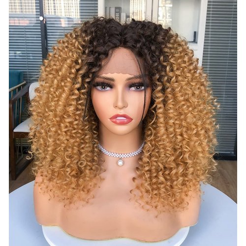 Annivia Curly Lace Front Wigs for Black Women Omber Blonde HD Lace Front Wig Pre Plucked with Babyhair,Dark Roots Synthetic Bob Kinky Afro Short Curly Frontal Hair Wig 16inch（Omber Blonde）