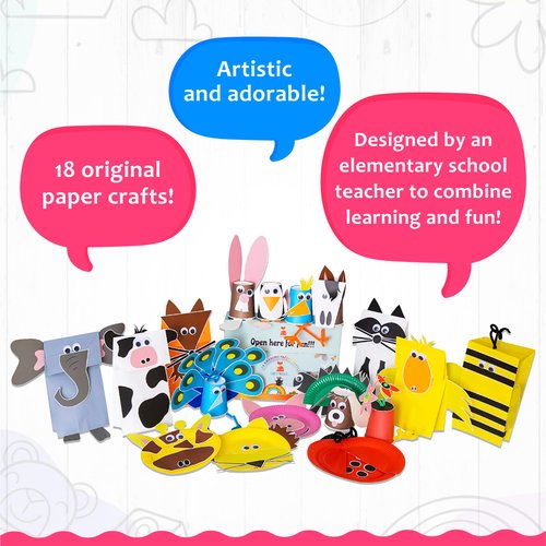 Crafty Mother, Award Winning, 18 Awesome Paper Crafts! All- Inclusive, Organized Preschool Arts and Craft Projects, Fun Craft Box for Kids Ages 4-8 and Older -Now with 100 Glue Dots!