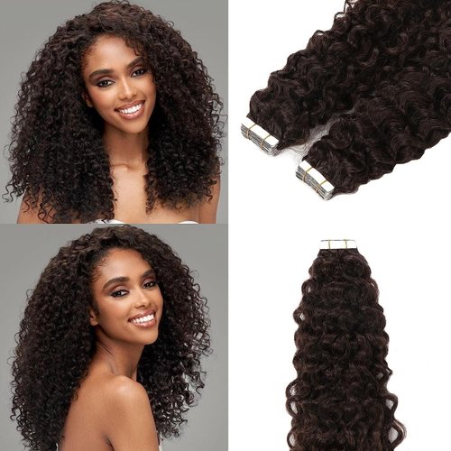 Jerry Curly Tape in Human Hair Extensions for Black Women 3B 3C Darkest Brown Soft Remy Human Hair Tape in Extensions Curly 14Inch 80g Invisible Double Sided Jerry Curly Hair Extensions 32Pcs