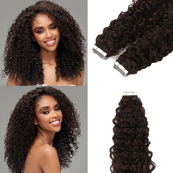 Jerry Curly Tape in Human Hair Extensions for Black Women 3B 3C Darkest Brown Soft Remy Human Hair Tape in Extensions Curly 14Inch 80g Invisible Double Sided Jerry Curly Hair Extensions 32Pcs