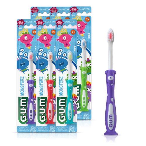 GUM Monsterz Children and Toddler Toothbrush , Soft Bristled Kids’ Toothbrush with Suction Cup , For Ages 2+, 1ct (6pk)