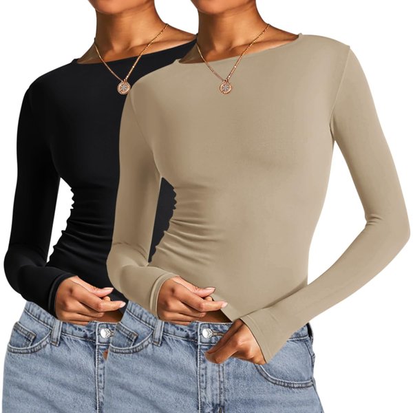 AKEWEI Long Sleeve Tight Shirt Women 2 Pack Crew Neck Top Solid Slimming Shirts Basic Tops Thermal Undershirt (Black&Khaki, M)