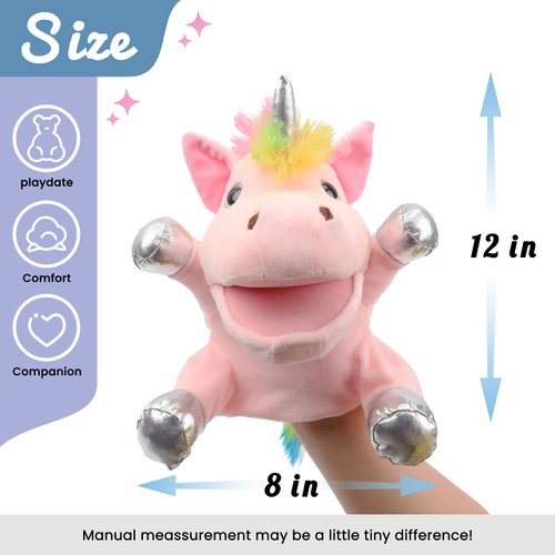 Hopearl Plush Unicorn Hand Puppet with Open Movable Mouth for Imaginative Play, Role Play, Interactive Toy for Storytelling Teaching Puppet Theater, Birthday Gifts for Kids Girls, Pink, 12''