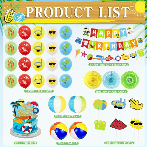 Summer Beach Party Decorations, Beach Theme Pool Birthday Party Supplies Including Birthday Banner Beach Garland Paper Lanterns Beach Balls Cupcake Toppers Balloons Set for Hawaiian Luau Party