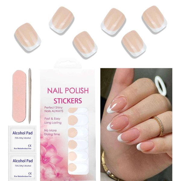 VOTACOS Nail Polish Strips, 16 Full Nail Wraps for Women, No UV Required, White French Nail Stickers, Long Lasting Gel Nail Strips Nail Polish Stickers with 1 Wooden Stick, 1 Nail File & 2 Prep Pad