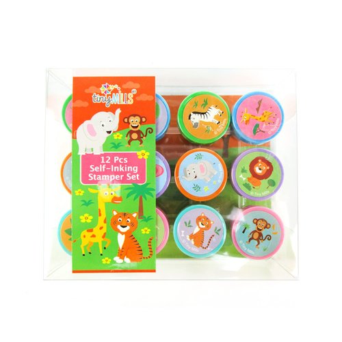 TINYMILLS 12 Pcs Safari Jungle Animals Stamp Kit for Kids Self Inking Stamps Gift Jungle Book Party Favor Bag Stuffer Teacher Stamps
