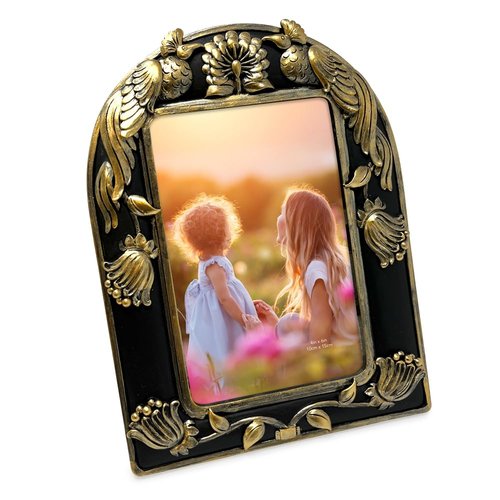 Isaac Jacobs 4x6 Black with Gold Peacock Arch Frame with Easel for Tabletop Display, Decorative Art Design, Home Décor (4x6, Black with Gold)