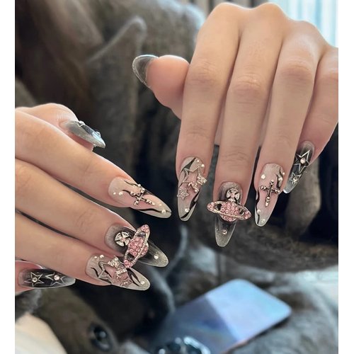 dreamynini Planet Nail Charms 20Pcs for Acrylic Nails Y2K 3D Rhinestones Gems Silver Diamond Jewelry Kawaii DIY Art Decoration Supplies Girls and Women (Pink,Silver,Black,Galaxy)