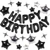 Happy Birthday Banner Balloons Mylar Foil Letter Balloons 3D Silver Star Balloon 3D Black Star Balloon Kids Boys Girl Adults Birthday Party Decorations (27Pcs)