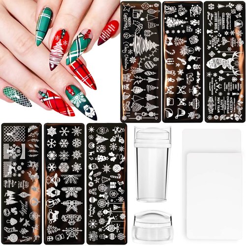JUNEBRUSHS 10Pcs Christmas Nail Stamping Plates, 6Pcs Nail Art Templates 2 Nail Stamper 2 Scraper with Snowflakes Snowman Santa Xmas Tree Ball Elk Nail Stencils Image Plates Tools(Christmas Style)