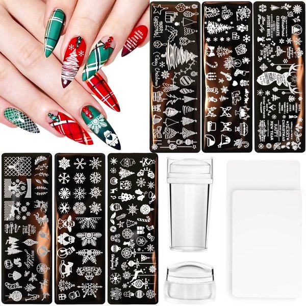 JUNEBRUSHS 10Pcs Christmas Nail Stamping Plates, 6Pcs Nail Art Templates 2 Nail Stamper 2 Scraper with Snowflakes Snowman Santa Xmas Tree Ball Elk Nail Stencils Image Plates Tools(Christmas Style)