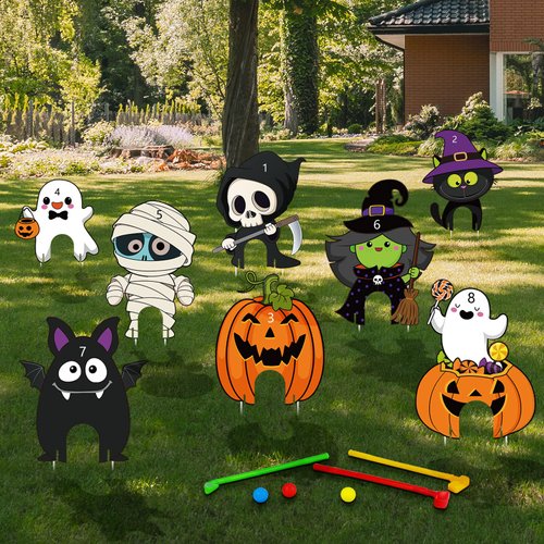Capoda 8 Pieces Halloween Mini Golf Game Hlloween Golf Yard Sign Mini Golf Club Yard Stakes for Halloween Golf Party Halloween Lawn Garden Yard Outdoor Game Decorations
