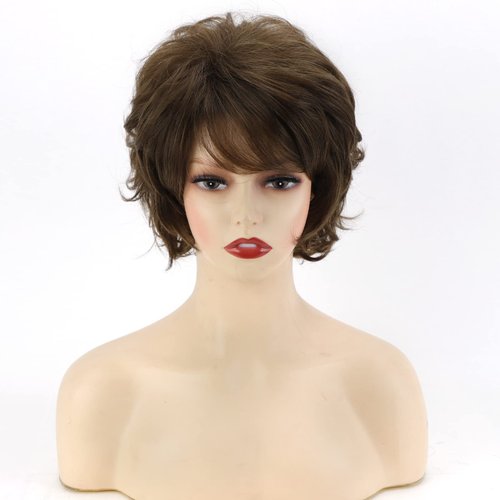 TISHINING Short Curly Brown Pixie Cut Wigs for White Women with Bangs Pixie Laered Mixed Brown Synthetic Shaggy Curly Wigs for Women Natural Looking Daily Party Hair Replacement Wig