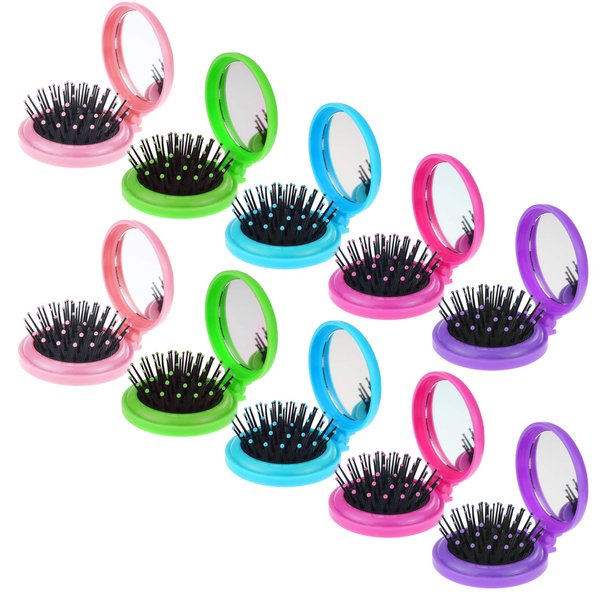 Heliltd 10pcs Folding Travel Mirror Hair Brushes Round Mirror Pocket Hair Brush Portable Mini Colourful Pop Up Hair Brushes Wet and Dry Hair for Women Girls Kids Hair Brush