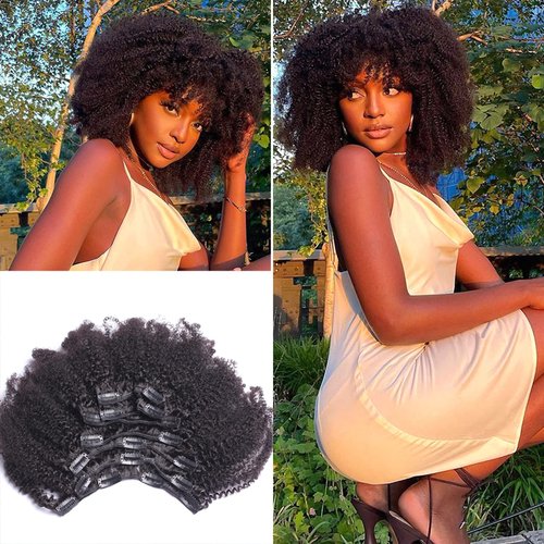 Kabadu Hair 9a Grade Clip In Hair Mongolian Afro Kinky Curly Clip In hair 8pcs 18clips/set Mongolian Virgin Human Hair Clip Ins Natural Black Color (1 bundle 10inch, natural black)