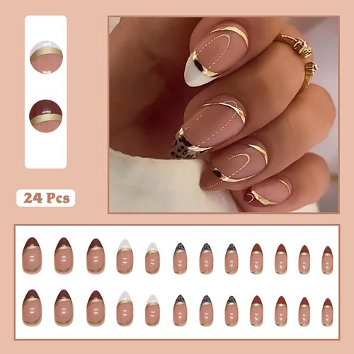 Almond Press on Nails French Tip Fake Nails Leopard Designs False Nails Gold Line Stick on Nails Oval Glossy Glue on Nails White Brown Tip Nails Nude Full Cover Acrylic Nails for Women Girls 24pcs
