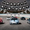 MEETINGU Black and White Checkered Flags and Race Car Happy Birthday Banner, Racing Checkered Flag Banner Race Car Birthday Party Decorations for Kids Boys Birthday Baby Shower Home Decorations