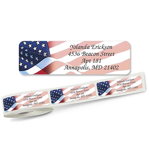 American Glory Patriotic Rolled Personalized Return Address Mailing Labels with Dispenser, Set of 500, Small ¾ x 2½ Inch Size, Custom Self-Adhesive Sticker Roll, by Colorful Images