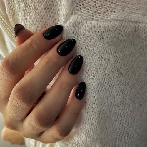 Black Press on Nails Short Almond Oval Glossy Fake Nails 24Pcs, Solid Color Nails press ons 12 Sizes, Reusable Nail Kit, Stick on Nails for Women and Girls Daily Wear