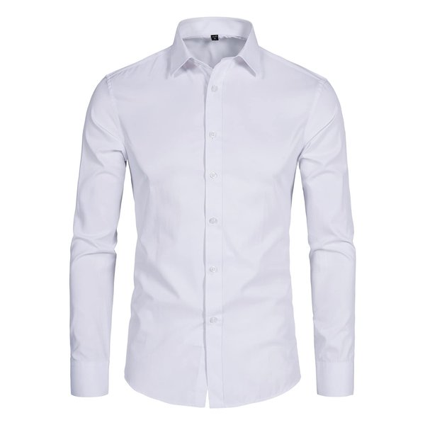 DELCARINO Men's Long Sleeve Button Up Shirts Solid Slim Fit Casual Business Formal Dress Shirt White Medium