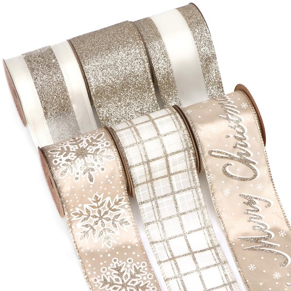 Ribbli Christmas Ribbon Wired Champagne Gold Christmas Tree Ribbon Snowflake Glitter Wired Ribbons for Crafts Gift Wrapping Wreaths Garland Home Decor -2.5 Inchx6 Rolls Total 36Yard