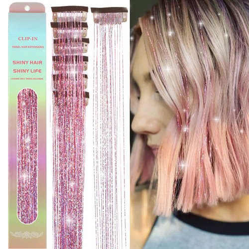 MISSUHUI Hair Tinsel Clip in 23.6Inch Clip in Hair Tinsel Glitter Tinsel Hair Extensions Heat Resistant, Pink Tinsel Hair Clip in Festival Sparkly Fairy Hair Accessories for Girls Women Kids (Pink)