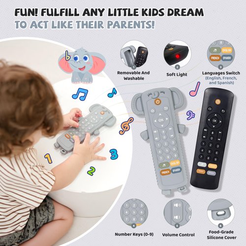 KIRALUMI Baby Remote Control Toy with Silicone Teether Cover - Baby Musical Toys, Early Number Learning in 3 Languages (English, Spanish & French), Preschool Boys Girls Toys Gift 6, 12, 18 Months.